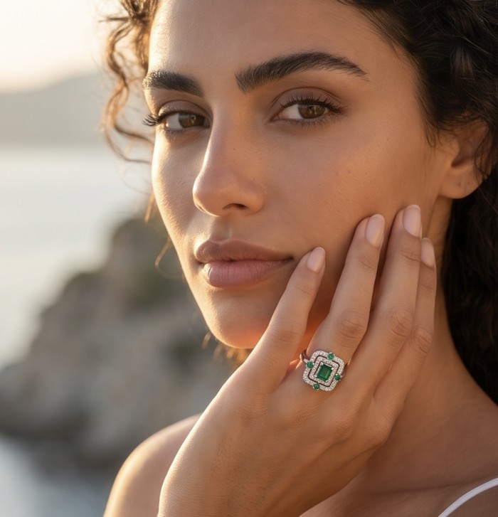Art Deco - 3.8 carat Colombian Emerald .925 Sterling Silver handmade Statement ring s. 8 adjustable - Emerald ring worn on hand, close-up view, showcasing Art Deco design.