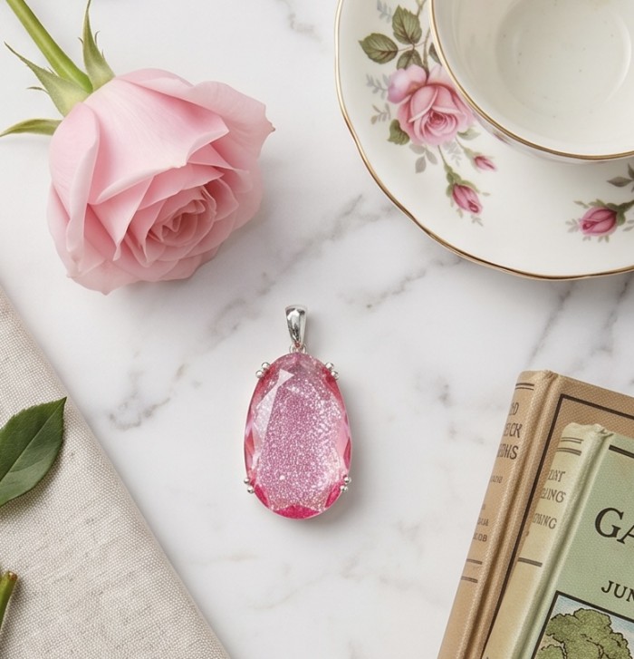 Angelina 10.9 carat authentic Pink Tourmaline .925 Sterling Silver Handcrafted handmade Pendant - Pink Tourmaline pendant on marble with rose and teacup, top view.