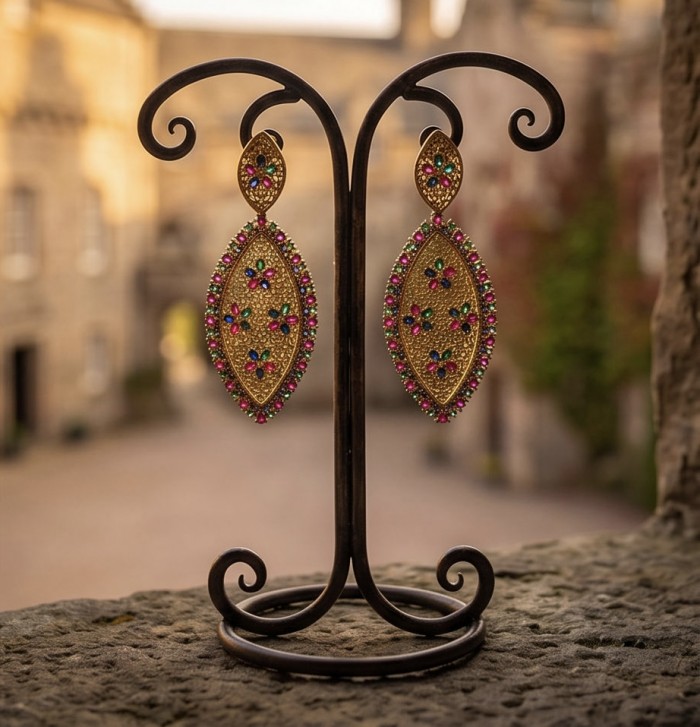 Byzantine Style Ruby Emerald Sapphire 14K Gold over .925 Sterling Silver handcrafted STATEMENT earrings - Byzantine style earrings on display stand against blurred outdoor backdrop.