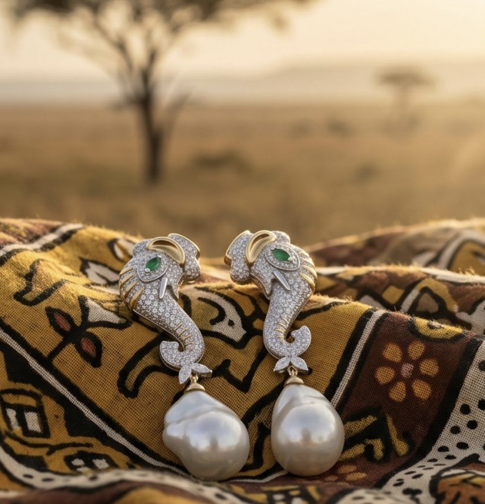 Two Elephats with 0.4 carat Emerald Eyes - Baroque style Precious natural Mother of Pearl 22K Gold over .925 Sterling Silver handcrafted earrings - Two elephant earrings with pearl drops on patterned fabric, side view.