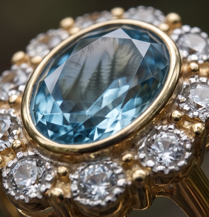 Eau Pure 4.5 carat London Blue Topaz .925 Sterling Silver dippedin 22K Gold Handcrafted Statement Ring size 7 3/4 - Close-up of London Blue Topaz ring with diamond accents.