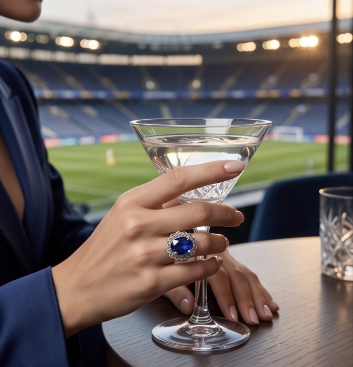 Blue Angel Genuine 20.5 carat Sapphire from Madagascar .925 Sterling Silver dipped in rhodium handcrafted Ring size 6 - Worn on hand with martini, large blue sapphire ring, stadium background.