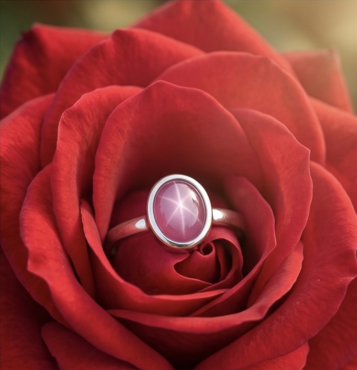 Bella Rosa Genuine 10.5 CARAT Star Ruby 22K Gold over .925 Sterling Silver Large Statement Ring size 8 adjustable - Star Ruby ring in rose, close-up view of the stone and setting.