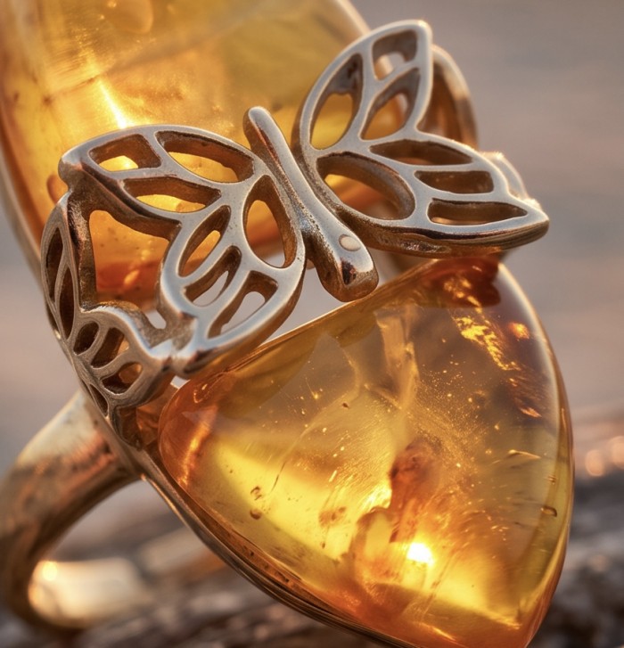 Vintage Style Authentic Golden Butterscotch Baltic Amber 18K Gold over .925 Sterling Silver entirely handcrafted ring; s. 8 - Close-up of vintage-style Baltic amber ring with butterfly detail.