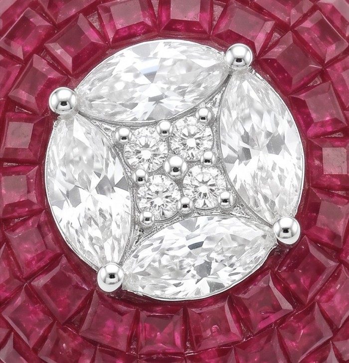 Scarlett 10.7 ctw Mozambique Ruby .925 Sterling Silver dipped in 18K WHITE Gold handcrafted Statement Ring size 8 - Close-up of Scarlett 10.7 ctw ruby and diamond jewelry detail.