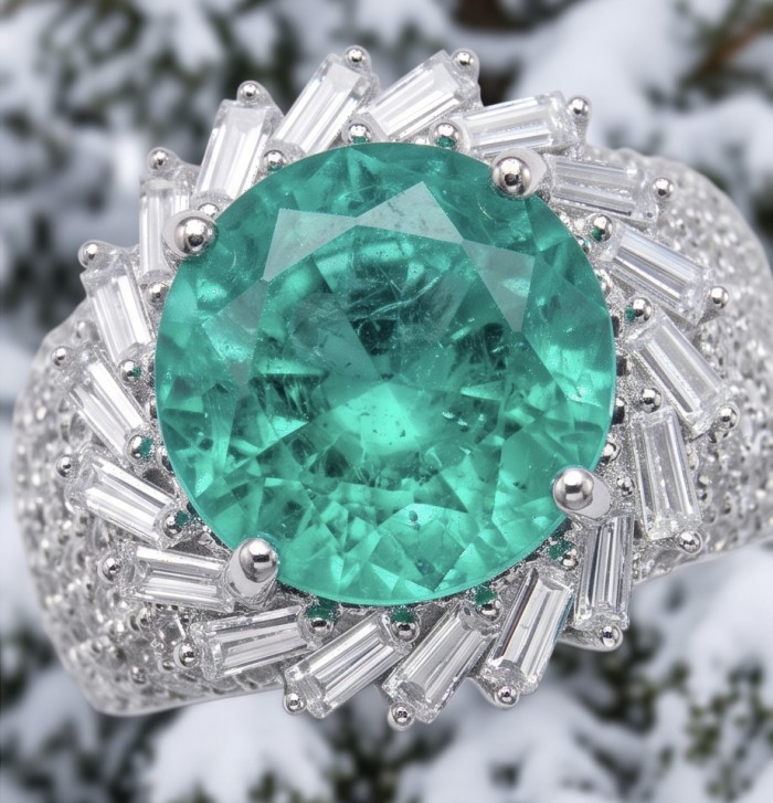 Elizabeth round cut 6.2 carat Colombian Emerald .925 Sterling Silver dipped in Rhodium handcrafted Ring size 6 1/4 - Close-up of Elizabeth round cut Colombian Emerald ring in sterling silver