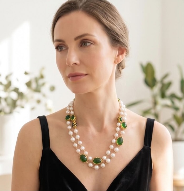 Back to Nature Huge Aventurine Fluorite Jade . 925 Sterling Silver handmade necklace - Woman wearing pearl and green stone necklace, side view.