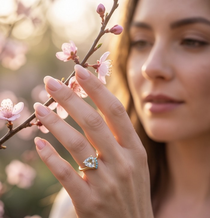3.2 carat Brazilian Citrine .925 Sterling Silver dipped in 14K Gold handcrafted ring; s. 7 - Close-up of a citrine ring worn on a hand near cherry blossoms