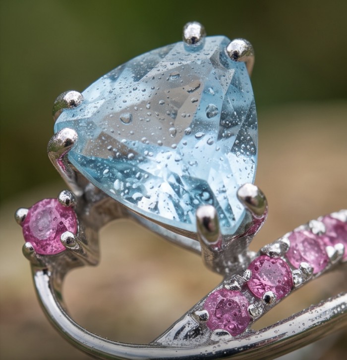 Natural 3.9 carat Green Amethys .925 Sterling Silver handmade Statement Ring size 7 - Close-up of blue and pink gemstones in sterling silver setting.