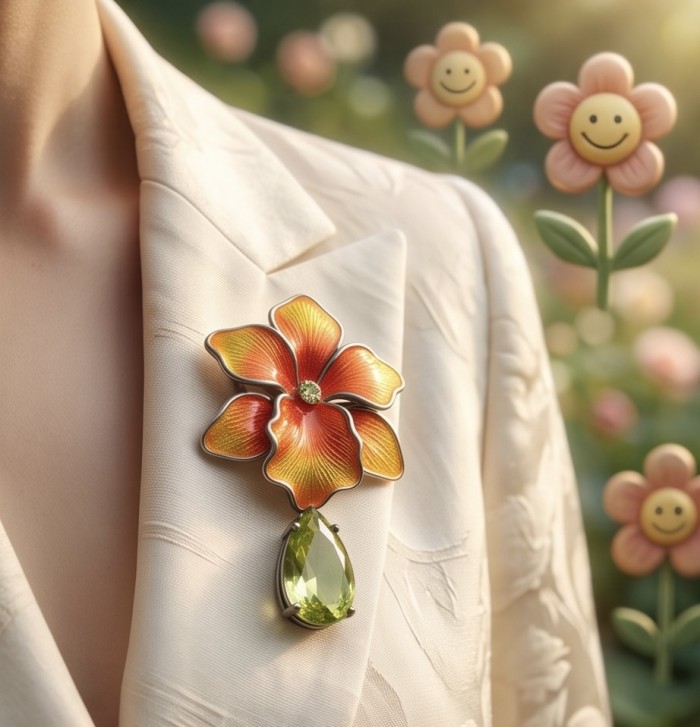 Luxurious Peacock genuine 22.5 carat Citrine Enamel rhodium over .925 Sterling Silver handmade Pendant - Brooch - Luxurious Peacock brooch on lapel, showcasing 22.5 carat Citrine Enamel.