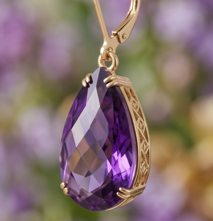 Natural 22.6 carat fancy pear cut Amethyst 14K Gold over .925 Sterling Silver handmade earrings - Amethyst earring close-up, 22.6 ct pear cut in 14K gold setting.