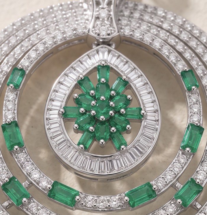 Precious 7.2 carat natural Colombian Emerald rhodium over .925 Sterling Silver .925 Sterling Silver Statement Necklace - Close-up of Colombian emerald pendant with diamonds, intricate design