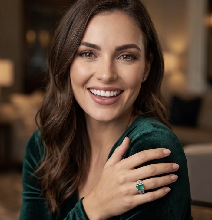 Luxurious asscher cut 10.9 carat Emerald .925 Sterling Silver rhodium over handcrafted Ring s. 6 3/4 - Woman wearing luxurious asscher cut 10.9 carat emerald ring on hand