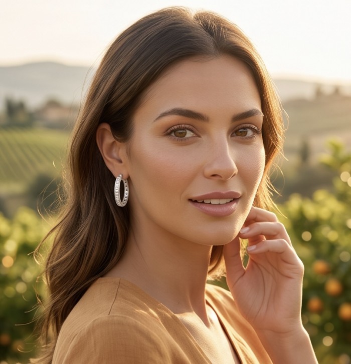 Allure Natural 8.2 carat White Topaz .925 Sterling Silver handcrafted hoop earrings - Woman wearing Allure White Topaz hoop earrings in outdoor setting.