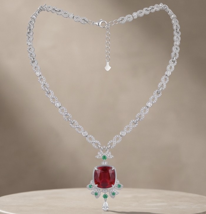 Luxurious 12.9 carat natural Mozambique Ruby rhodium over .925 Sterling Silver .925 Sterling Silver Statement Necklace - Luxurious ruby necklace with diamond accents on display stand