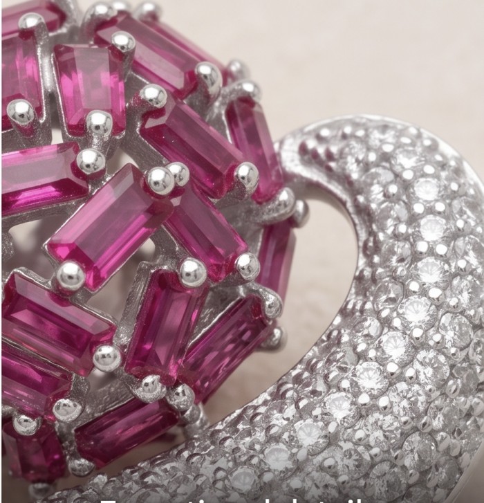 Stella 14.2 carat authentic Mozambique Ruby rhodium over .925 Sterling Silver handmade Pendant - Close-up of Mozambique ruby and rhodium jewelry detail.