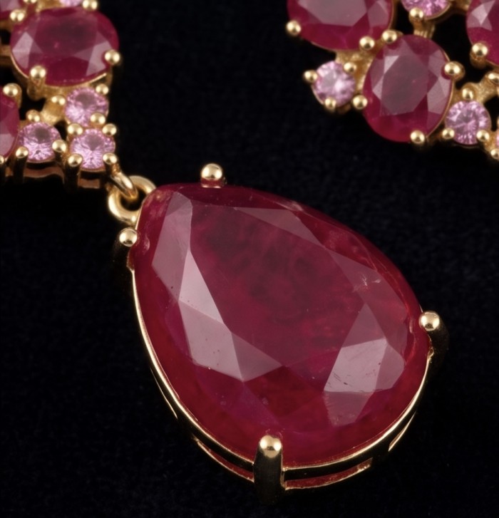 Giovanna - Magnificent Jewel - 24.2 carat Kashmir Ruby .925 Sterling Silver dipped in 22K Gold handcrafted incredible Statement earrings - Close-up of Giovanna Kashmir Ruby pendant with gold setting.
