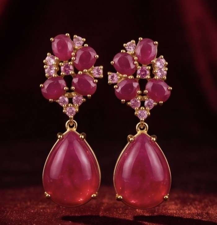 Giovanna - Magnificent Jewel - 24.2 carat Kashmir Ruby .925 Sterling Silver dipped in 22K Gold handcrafted incredible Statement earrings - Close-up of Giovanna Kashmir Ruby earrings with gold setting.