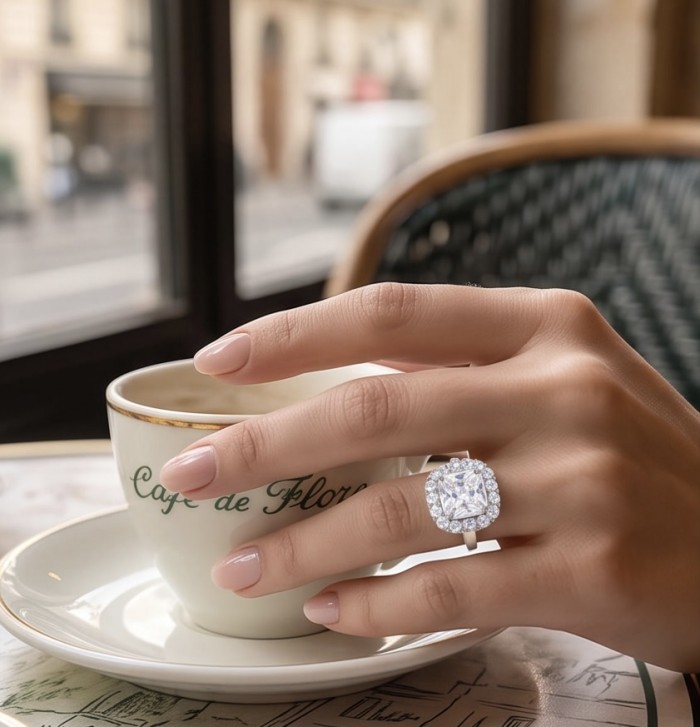 Real Beauty - asscher cut 8.5 carat White Topaz .925 Sterling Silver Handcrafted Statement Ring size 7 1/4 - Asscher cut 8.5 carat white topaz ring worn on hand, coffee cup in view.
