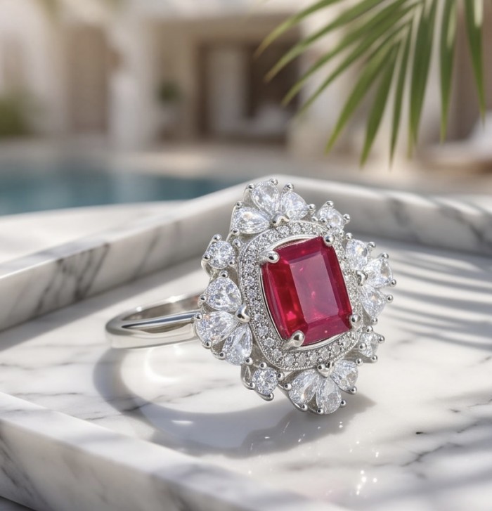 Claudia 4.5 carat Ruby .925 Sterling Silver handcrafted incredible ring s. 8 1/4 - Close-up of Claudia 4.5 carat ruby ring with diamond accents on marble.