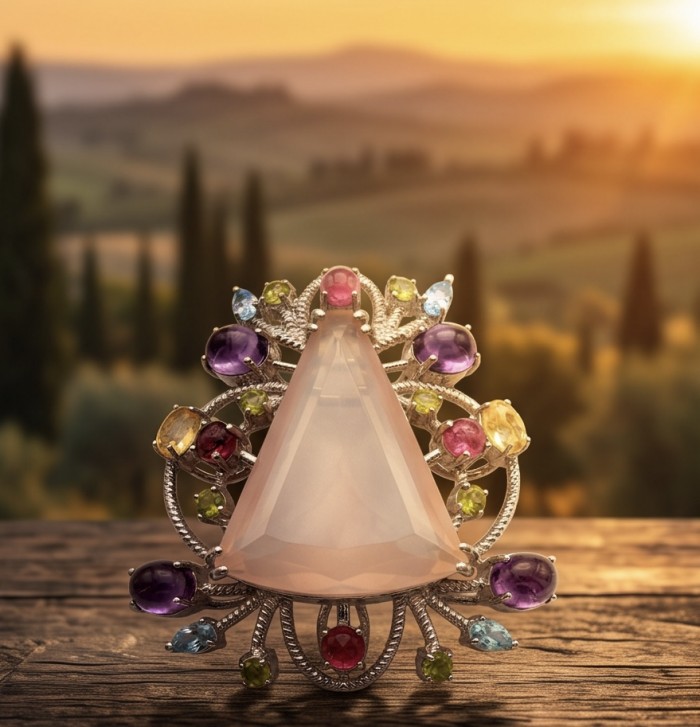 TRILLION CUT genuine 45.5 carat Brazilian Rose Quartz rhodium over .925 Sterling Silver handmade Pendant - Brooch - Trillion cut rose quartz brooch with multicolored gemstones, front view.