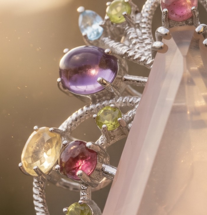 TRILLION CUT genuine 45.5 carat Brazilian Rose Quartz rhodium over .925 Sterling Silver handmade Pendant - Brooch - Close-up of multi-gemstone details on Brazilian Rose Quartz jewelry.
