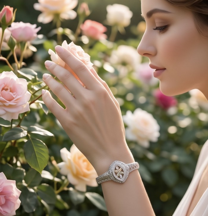 Casablanca - authentic 3.2 carat White topaz .925 Sterling Silver Bracelet - Woman wearing Casablanca bracelet with white topaz, side view in garden.