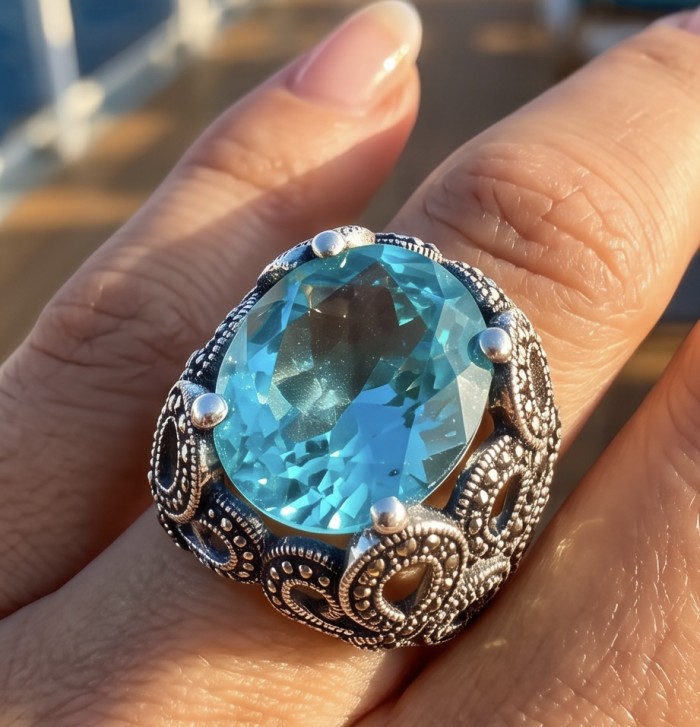 Massive Deep Blue 25.8 carat Aquamarine Marcasite .925 Sterling Silver handcrafted ring size 9 - Aquamarine ring close-up, worn on hand, showcasing marcasite detail.