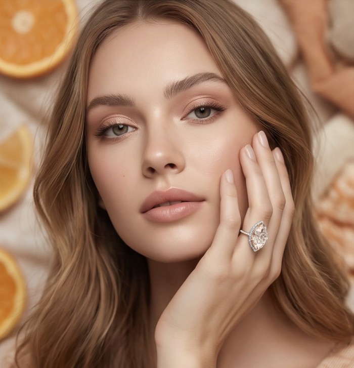 Jasmine 9.9 carat authentic Morganite .925 Sterling Silver Handcrafted Ring size 9 - Model wearing Jasmine 9.9 ct Morganite ring on hand, face close-up.