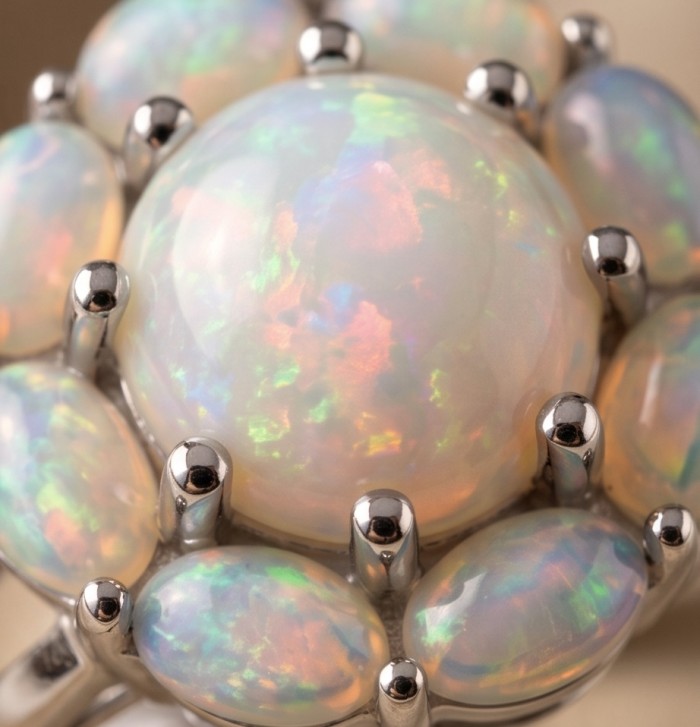 Golden Galaxy Genuine 12.8 carat Ethiopian Opal rhodium over .925 Sterling Silver handmade Ring size 8 - Stone close-up of Golden Galaxy Ethiopian Opal in rhodium setting.