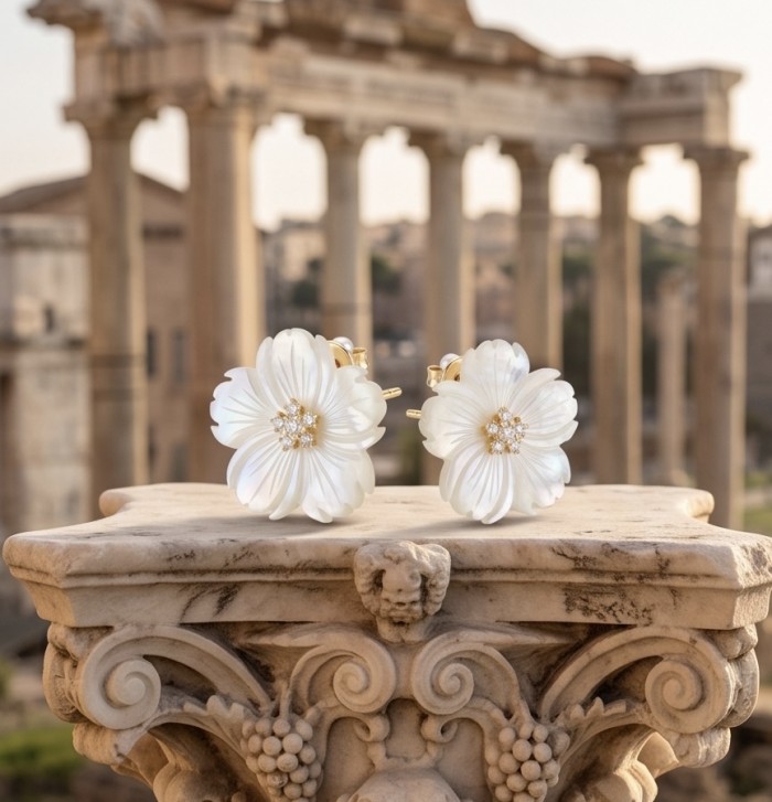 Genuine Blister Pearl 0.9 carat White Sapphire .925 Sterling Silver handcrafted Statement large Earrings - Pearl and sapphire flower earrings with ancient columns in background.