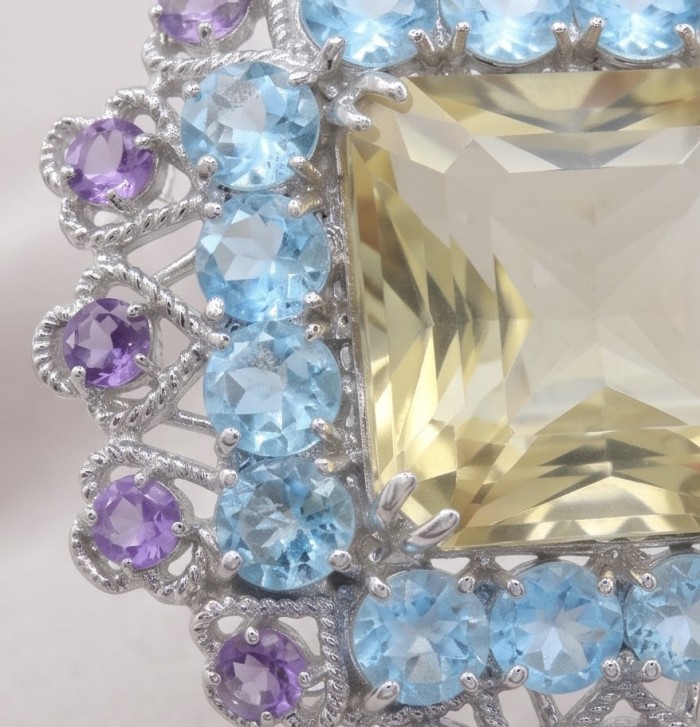 Serenity asscher cut 59.8 carat Champagne Smoky Topaz rhodium over .925 Sterling Silver MASSIVE Brooch Pendant - Stone close-up of Serenity asscher cut topaz with purple and blue accents.