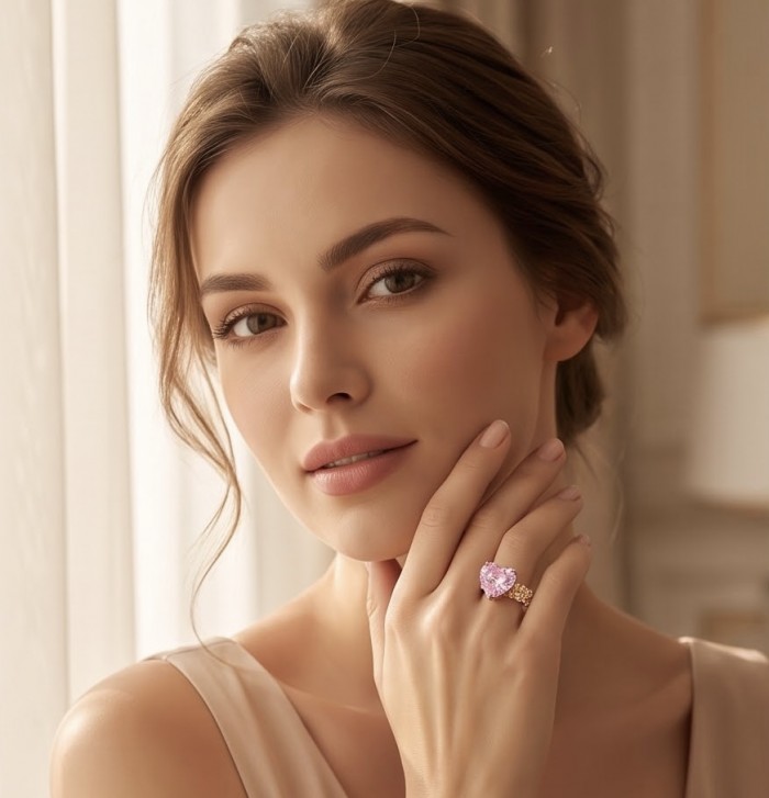 Angel's Heart 10.2 carat Pink Sapphire .925 Sterling Silver dipped in Rhodium plated with 18k Rose Gold Handcrafted Statement Ring size 6 3/4 - Woman wearing Angel's Heart pink sapphire ring on hand