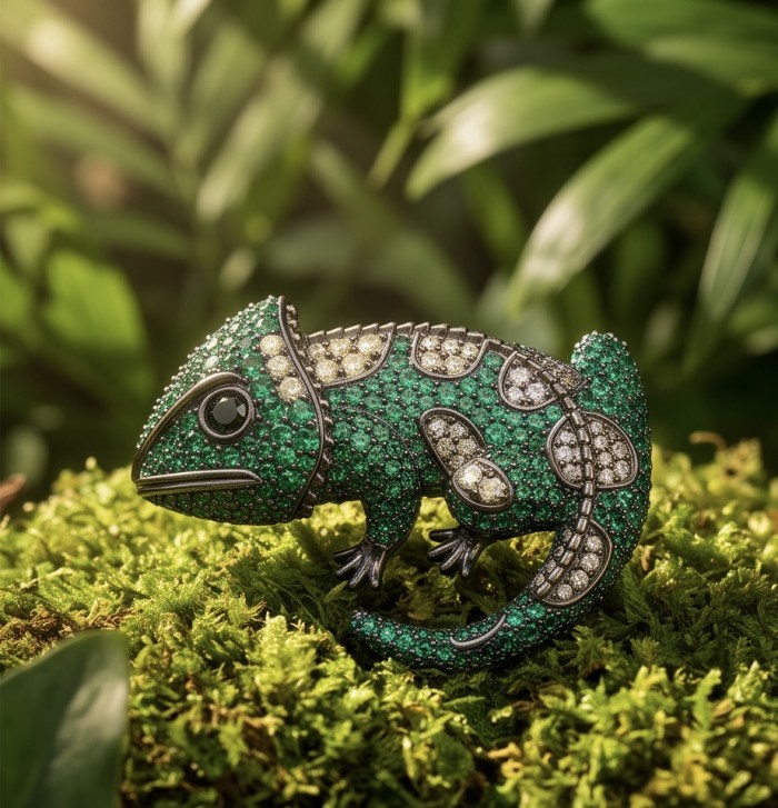 Spectacular - Chameleon Lizard 7.2 carat Tsavorite Garnet black rhodium over .925 Sterling Silver handmade Brooch - Side view of chameleon brooch with 7.2 carat tsavorite garnet.