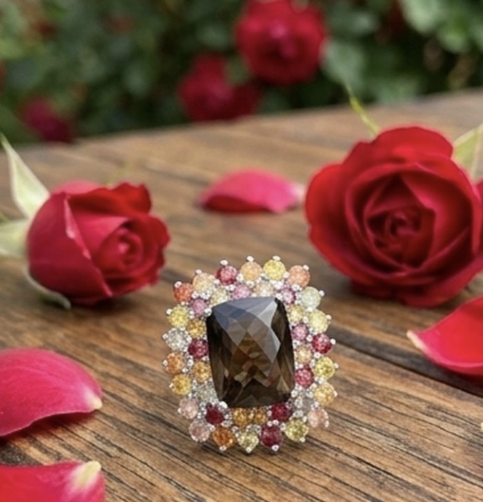 Serenity 16.5 carat Champagne Smoky Topaz Sapphire rhodium over .925 Sterling Silver handcrafted Ring size 6 - Serenity ring close-up with Champagne Smoky Topaz and sapphires on wood.