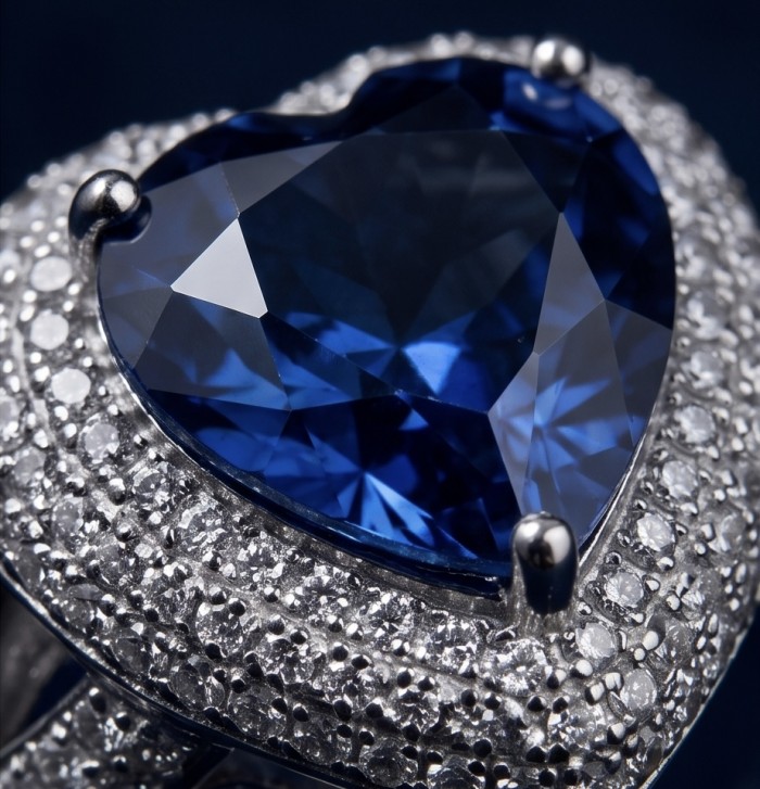 Ocean's Heart - Luxurious 7.8 carat Sapphire .925 Sterling Silver handcrafted Ring size 7 - Close-up of heart-shaped sapphire ring with diamond accents.