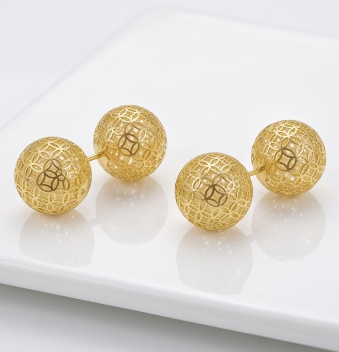 Black Label Collection - golden spheres - Dubai Style - Natural 22K Gold over .925 Sterling Silver handmade earrings - Golden sphere earrings, front view, intricate pattern design.
