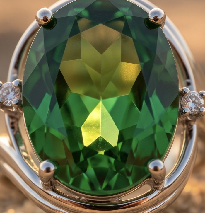 Spectaculat 11.2 carat Travorite Garnet .925 Sterling Silver Statement Ring size 7 1/4 - Close-up of 11.2 carat Tsavorite Garnet in .925 sterling silver setting.