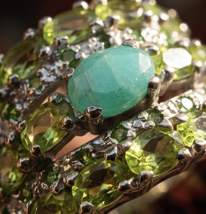 Giovanna- Authentic 2.5 CARAT natural Colombian Emerald 6.2 carat Peridot .925 Sterling Silver dipped in Rhodium handcrafted Ring size 7 - Close-up of Colombian emerald with green gemstones in silver setting