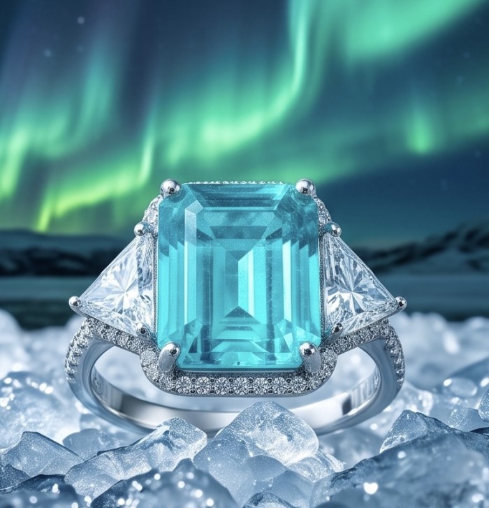 Elizabeth 11.7 carat Colombian Emerald .925 Sterling Silver dipped in Rhodium handcrafted Ring size 7 3/4 - Close-up of Elizabeth 11.7 carat Colombian Emerald ring on ice.