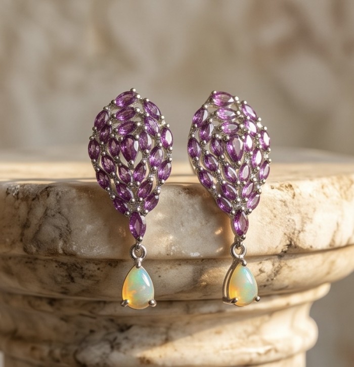 María Rosa - Natural 6.2 carat Garnet Fire Opal .925 Sterling Silver handcrafted Statement earrings - Elegant garnet and opal earrings on a marble stand, front view.