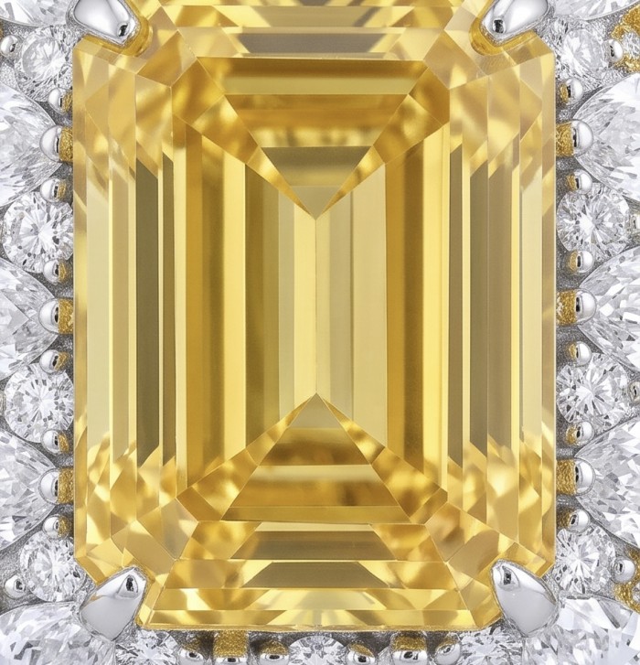 Wearable Art - Art Deco - Solid baquette cut 25.8 carat Genuine Yellow Sapphire 18K Gold over .925 Sterling Silver handcrafted ring size 6 - Close-up of yellow baguette cut gemstone with diamond accents
