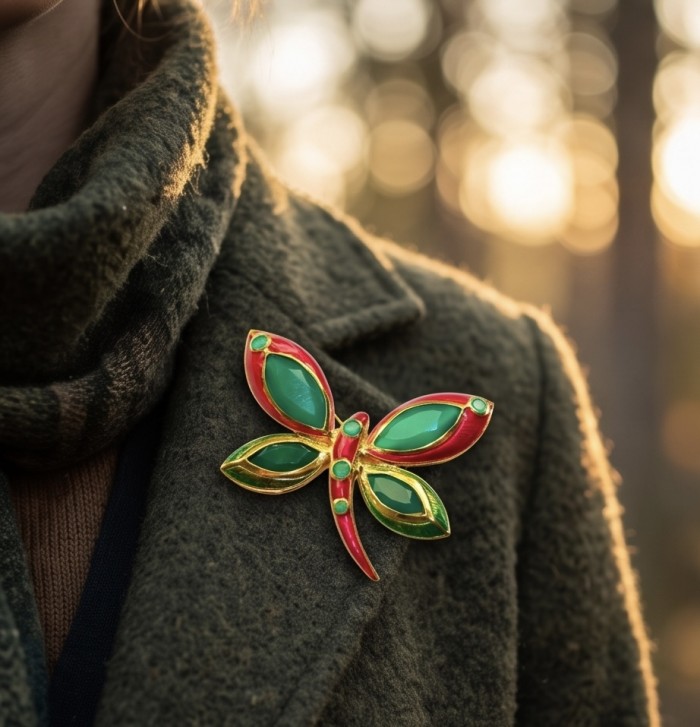 Green Buttrefly - 18.5 carat Authentic Emerald Enamel 22 carat Gold .925 Sterling Silver handcrafted Brooch - Butterfly brooch on coat, emerald and enamel details, front view.
