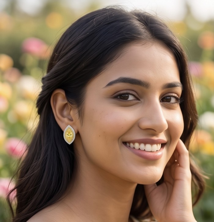 Luxurious 2.4 carat Yellow Sapphire from Ceylon .925 Sterling Silver dipped in Rhodium handcrafted earrings - Woman wearing 2.4 carat yellow sapphire earrings, side view in floral setting.