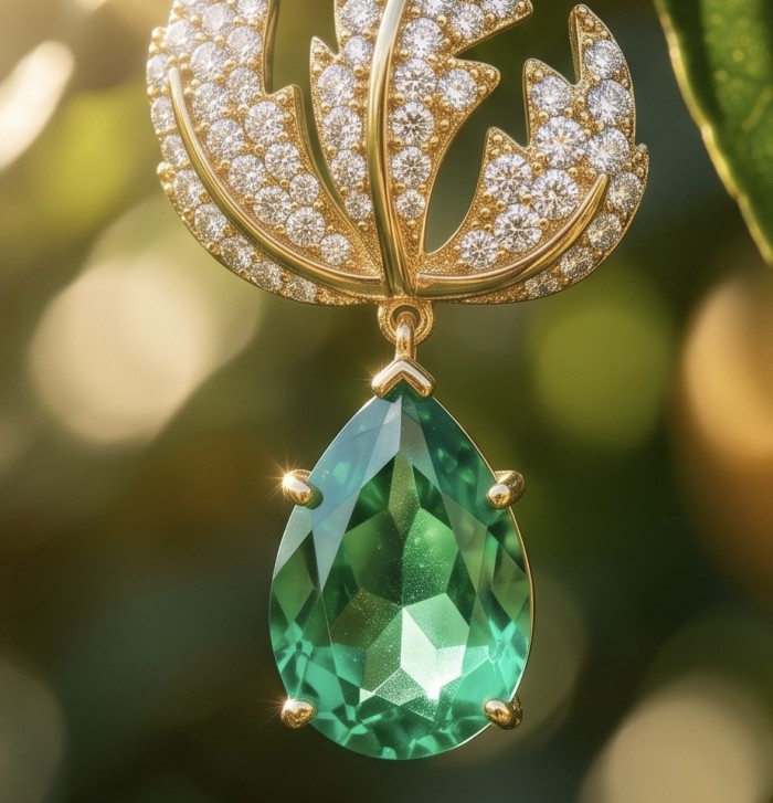 Green Cascade - 8.5 carat Green Topaz 14K Gold over .925 Sterling Silver handmade Statement earrings - Close-up of Green Topaz pendant in 14K gold over .925 silver.