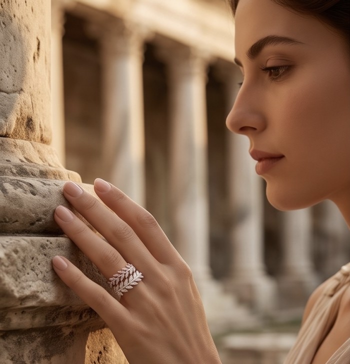 Precious 3.2 carat pave White Topaz 2 tones .925 Sterling Silver Handcrafted Cocktail Ring s. 7 1/2 - Side view of White Topaz ring worn on hand near ancient columns.
