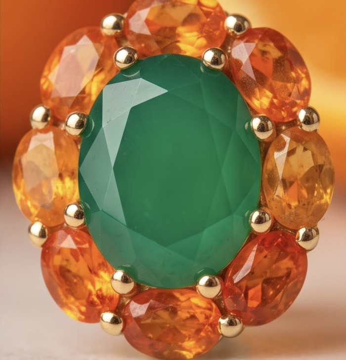 Giovanna - Authentic 4.5 CARAT natural Colombian Emerald .925 Sterling Silver handcrafted Statement earrings - Close-up of Giovanna ring with Colombian emerald and orange gems.