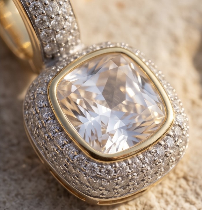 Giovanna -asscher cut 6.8 carat Moissanite 3.2 carat pave Moissanite 18K Gold over .925 Sterling Silver handcrafted earrings - Close-up of jewelry with asscher-cut moissanite and pave detail.