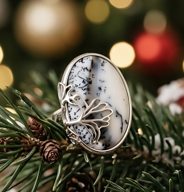 LARGE Top Quality Dendritic Agate .925 Sterling Silver handcrafted Ring s. 8 - Close-up of dendritic agate ring on evergreen branch with festive lights.