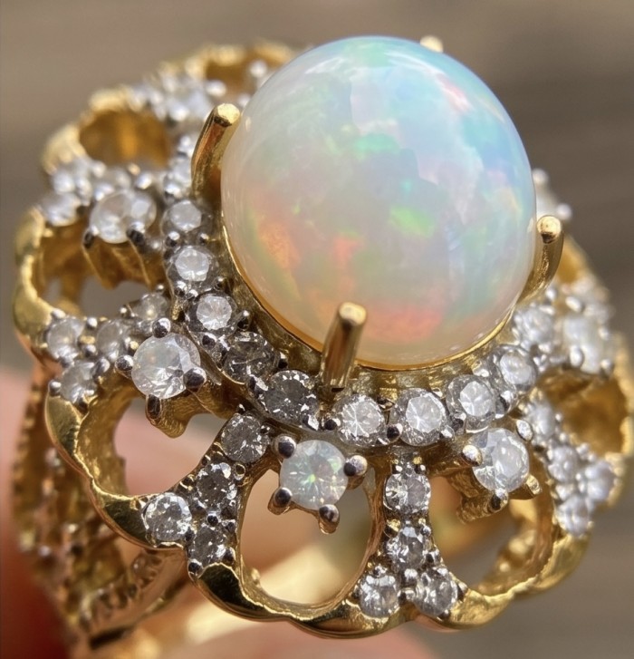Vitage Victorian Design Genuine 8.8 carat Ethiopian Opal 22K Gold over .925 Sterling Silver handmade Ring size 6 1/4 - Close-up of opal ring with diamonds in vintage Victorian design.